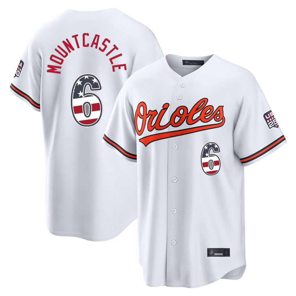 Baltimore Orioles #6 Ryan Mountcastle Player White USA 250 Fourth of July Home Game Stitched Baseball Jersey - Main View