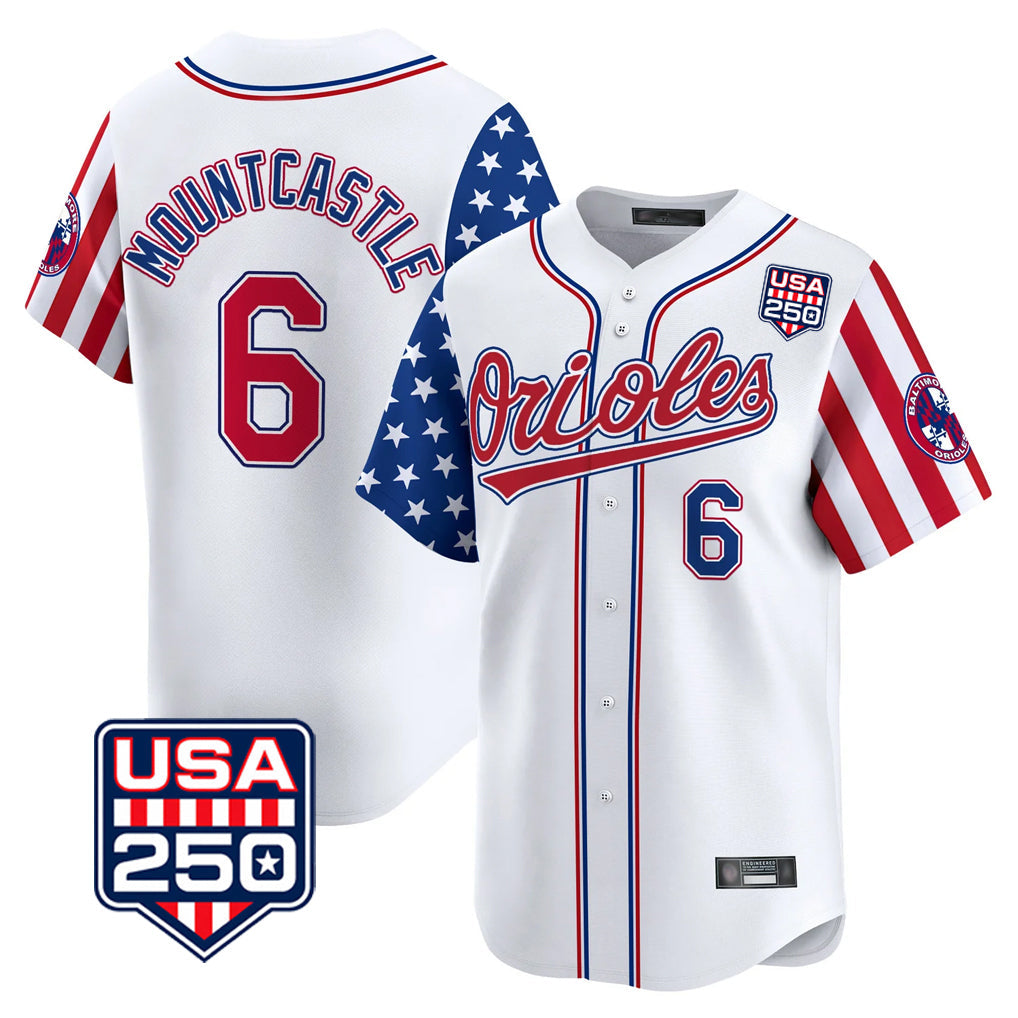 Baltimore Orioles #6 Ryan Mountcastle Player White USA 250 Independence Day Vapor Premier Home Game Stitched Baseball Jersey - Main View