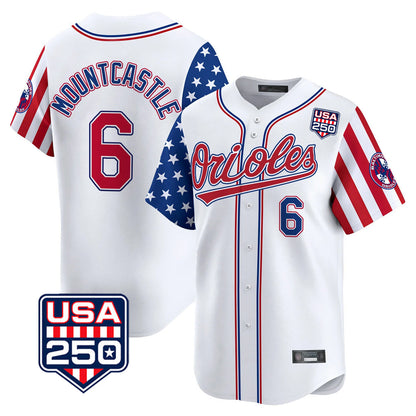 Baltimore Orioles #6 Ryan Mountcastle Player White USA 250 Independence Day Vapor Premier Home Game Stitched Baseball Jersey - Main View