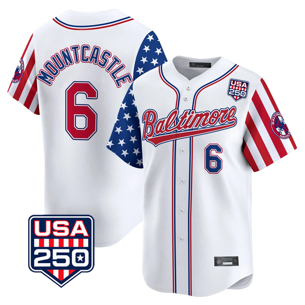 Baltimore Orioles #6 Ryan Mountcastle Player White USA 250 Independence Day Vapor Premier Limited Home Game Stitched Baseball Jersey - Main View