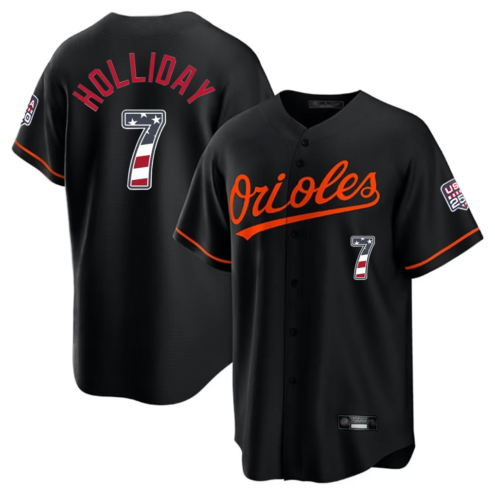 Baltimore Orioles #7 Jackson Holliday Player Black USA 250 Fourth of July Home Game Stitched Baseball Jersey - Main View