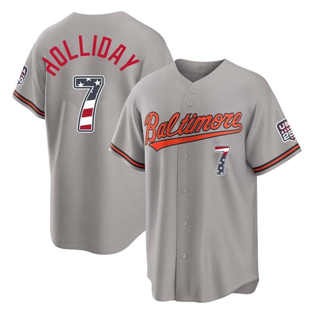 Baltimore Orioles #7 Jackson Holliday Player Gray USA 250 Fourth of July Home Game Stitched Baseball Jersey - Main View