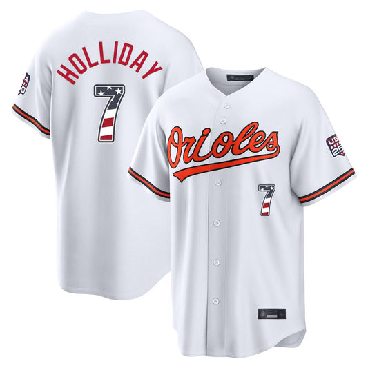 Baltimore Orioles #7 Jackson Holliday Player White USA 250 Fourth of July Home Game Stitched Baseball Jersey - Main View