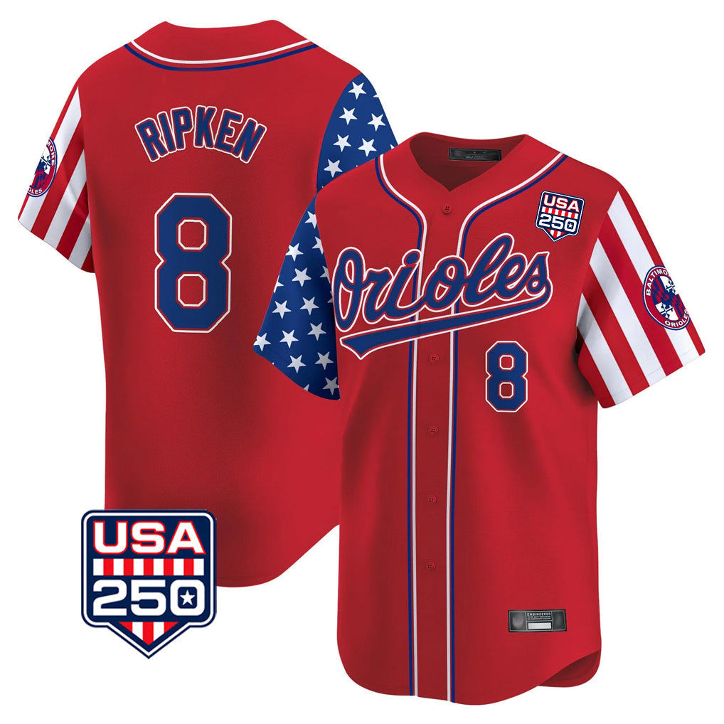 Baltimore Orioles #8 Cal Ripken Player Red USA 250 Independence Day Vapor Premier Limited Home Game Stitched Baseball Jersey - Main View