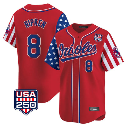 Baltimore Orioles #8 Cal Ripken Player Red USA 250 Independence Day Vapor Premier Limited Home Game Stitched Baseball Jersey - Main View
