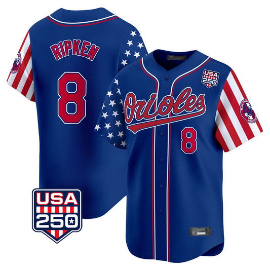 Baltimore Orioles #8 Cal Ripken Player Royal USA 250 Independence Day Vapor Premier Limited Home Game Stitched Baseball Jersey - Main View