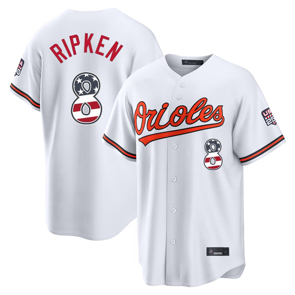 Baltimore Orioles #8 Cal Ripken Player White USA 250 Fourth of July Home Game Stitched Baseball Jersey - Main View