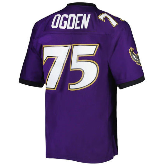 B.Ravens #75 Jonathan Ogden Mitchell & Ness Purple 1996 Legacy Replica Jersey Stitched American Football Jerseys - Main View