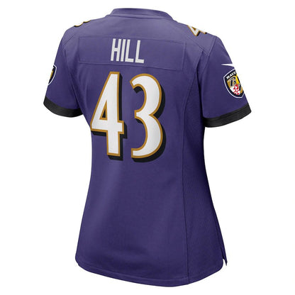 B.Ravens #43 Justice Hill Purple Game Jersey Stitched American Football Jerseys - Main View