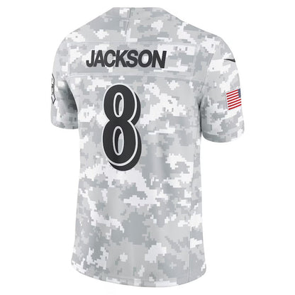 B.Ravens #8 Lamar Jackson Arctic Camo 2024 Salute to Service Limited  Stitched American Football Jerseys - Main View