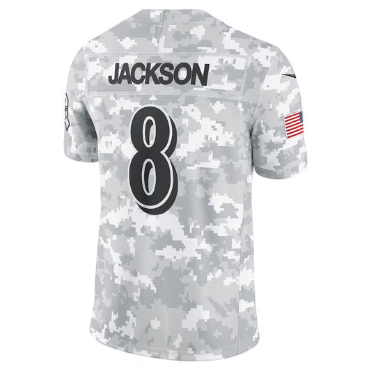 B.Ravens #8 Lamar Jackson Arctic Camo 2024 Salute to Service Limited  Stitched American Football Jerseys - Main View