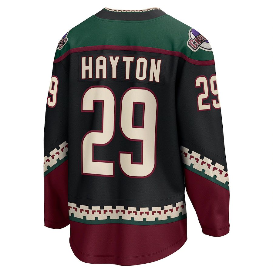 A.Coyotes #29 Barrett Hayton Fanatics Branded Home Breakaway Player Jersey - Black Stitched American Hockey Jerseys - Main View