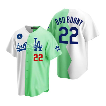 Baseball Jerseys  #22 Bad Bunny Los Angeles Dodgers White Green 2022 Stitched Split Jersey - Main View