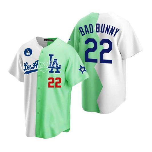Baseball Jerseys  #22 Bad Bunny Los Angeles Dodgers White Green 2022 Stitched Split Jersey - Main View