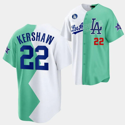 Baseball Jerseys  #22 Clayton Kershaw Los Angeles Dodgers White Green 2022 Stitched Split Jersey - Main View