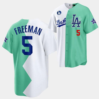 Baseball Jerseys #5 Freddie Freeman Los Angeles Dodgers White Green 2022 Stitched Split Jersey - Main View