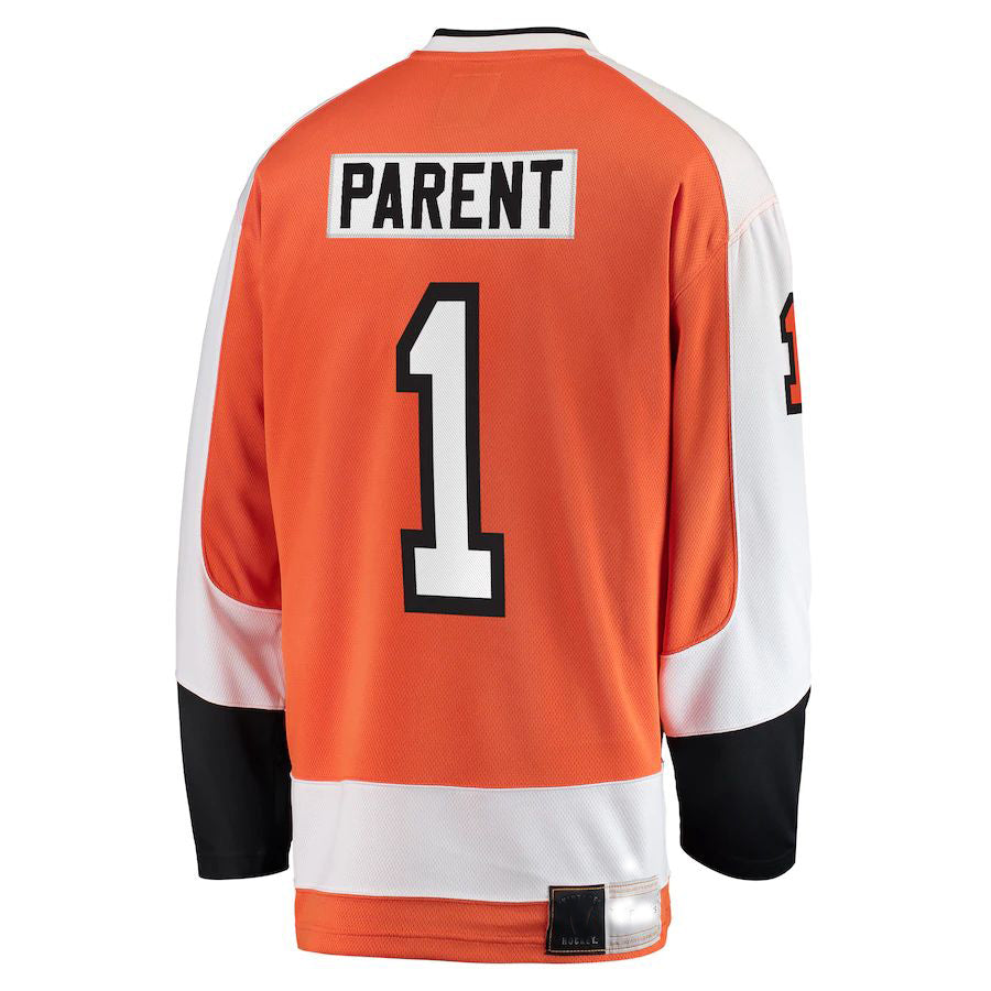 P.Flyers #1 Bernie Parent Fanatics Branded Premier Breakaway Retired Player Jersey  Orange Stitched American Hockey Jerseys - Main View