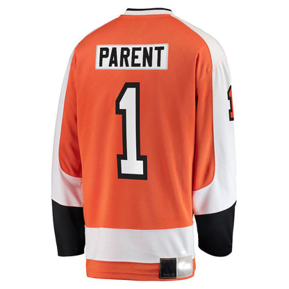 P.Flyers #1 Bernie Parent Fanatics Branded Premier Breakaway Retired Player Jersey  Orange Stitched American Hockey Jerseys - Main View