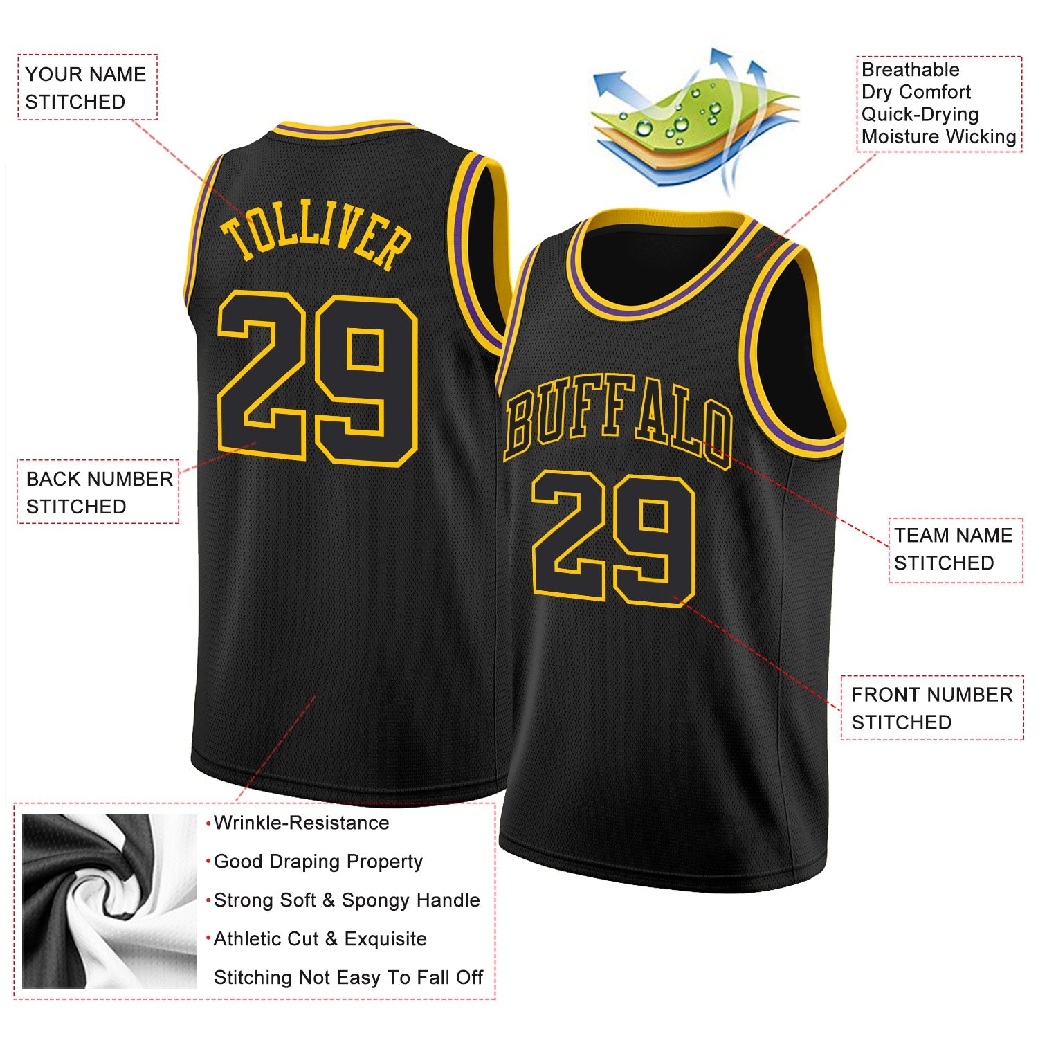 Custom Black Black-Gold Round Neck Rib-Knit Basketball Jersey view 3