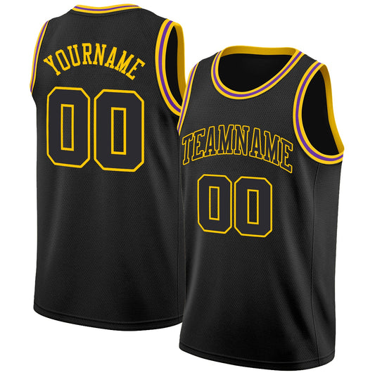 Custom Black Black-Gold Round Neck Rib-Knit Basketball Jersey - Main View
