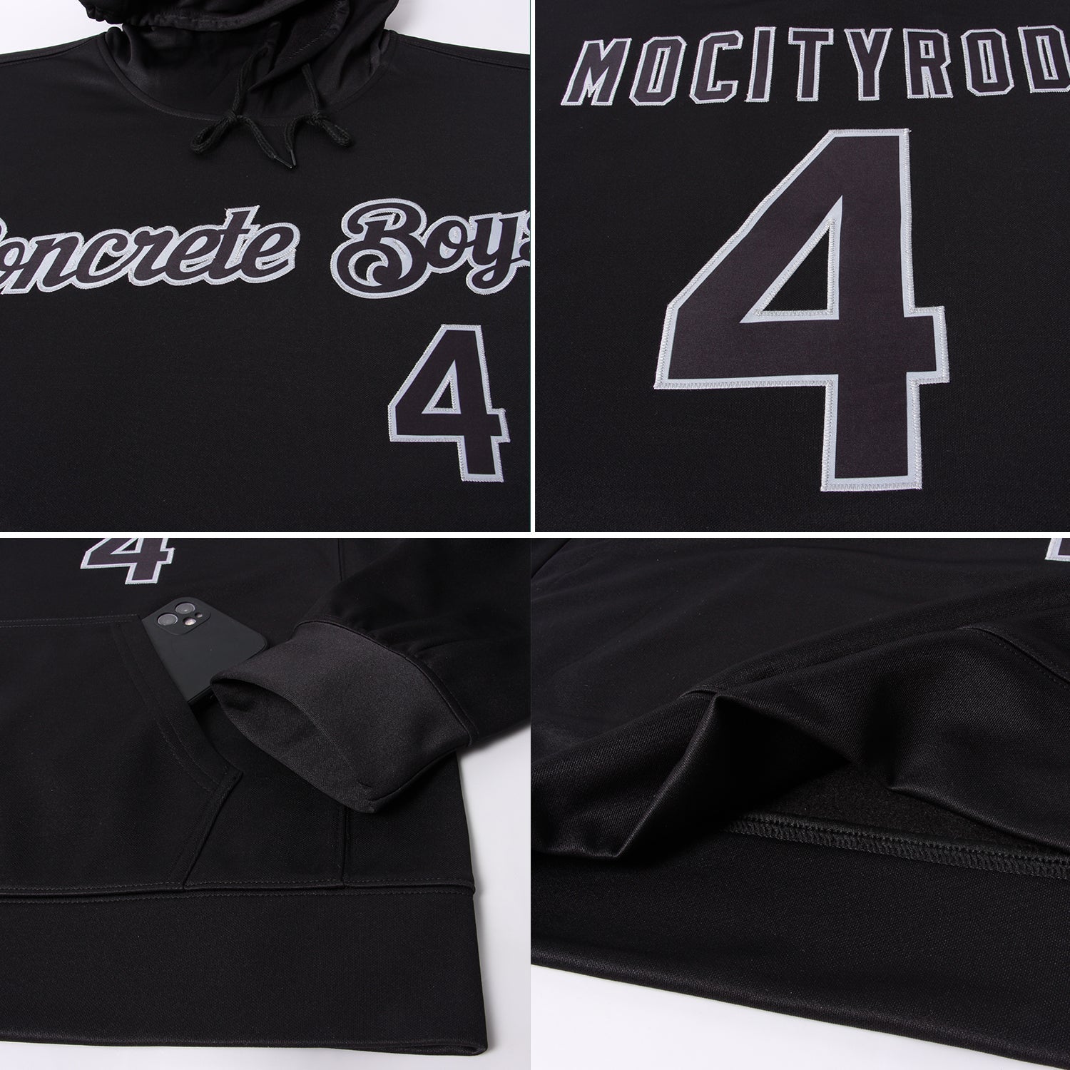 Custom Stitched Black Black-Gray Sports Pullover Sweatshirt Hoodie view 7