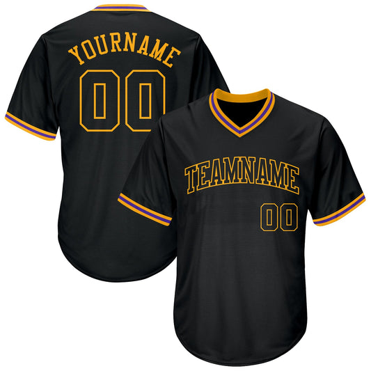 Custom Black Black-Gold Authentic Throwback Rib-Knit Baseball Jersey Shirt - Main View