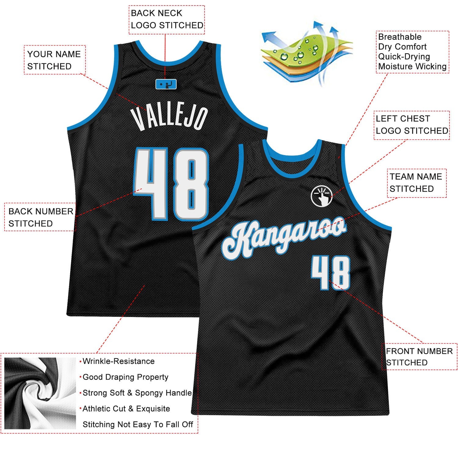 Custom Black White-Blue Authentic Throwback Basketball Jersey view 2
