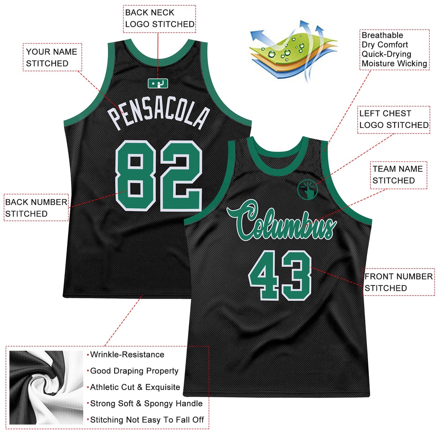 Custom Black Kelly Green-White Authentic Throwback Basketball Jersey view 2
