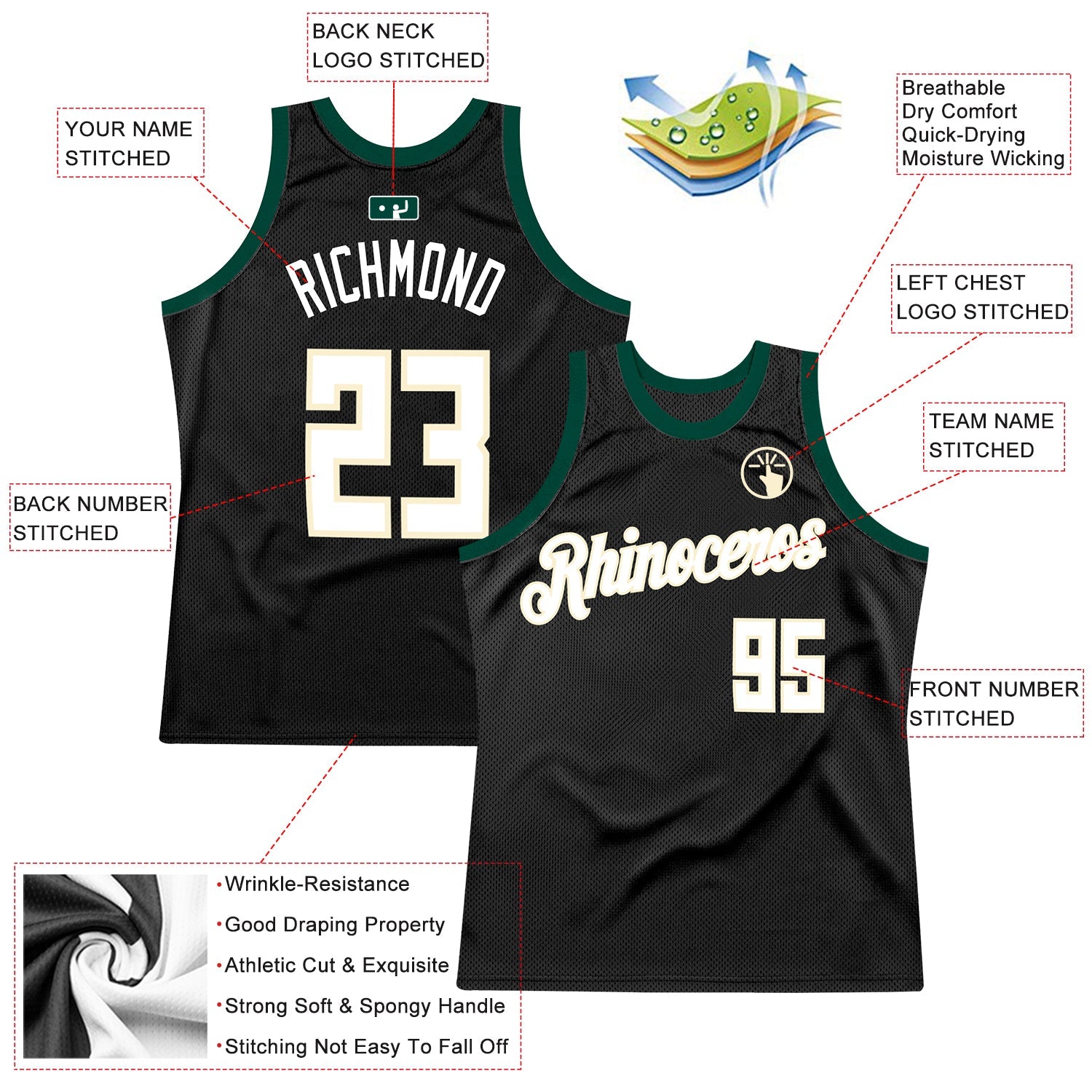 Custom Black White-Hunter Green Authentic Throwback Basketball Jersey view 2
