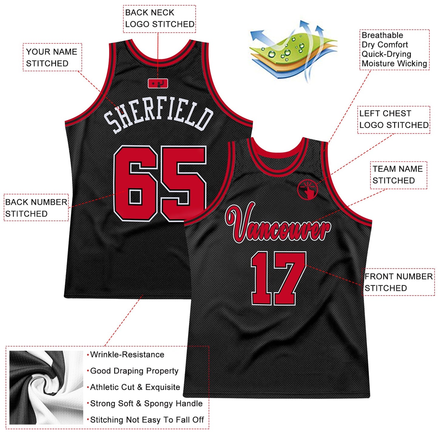 Custom Black Red-White Authentic Throwback Basketball Jersey view 2