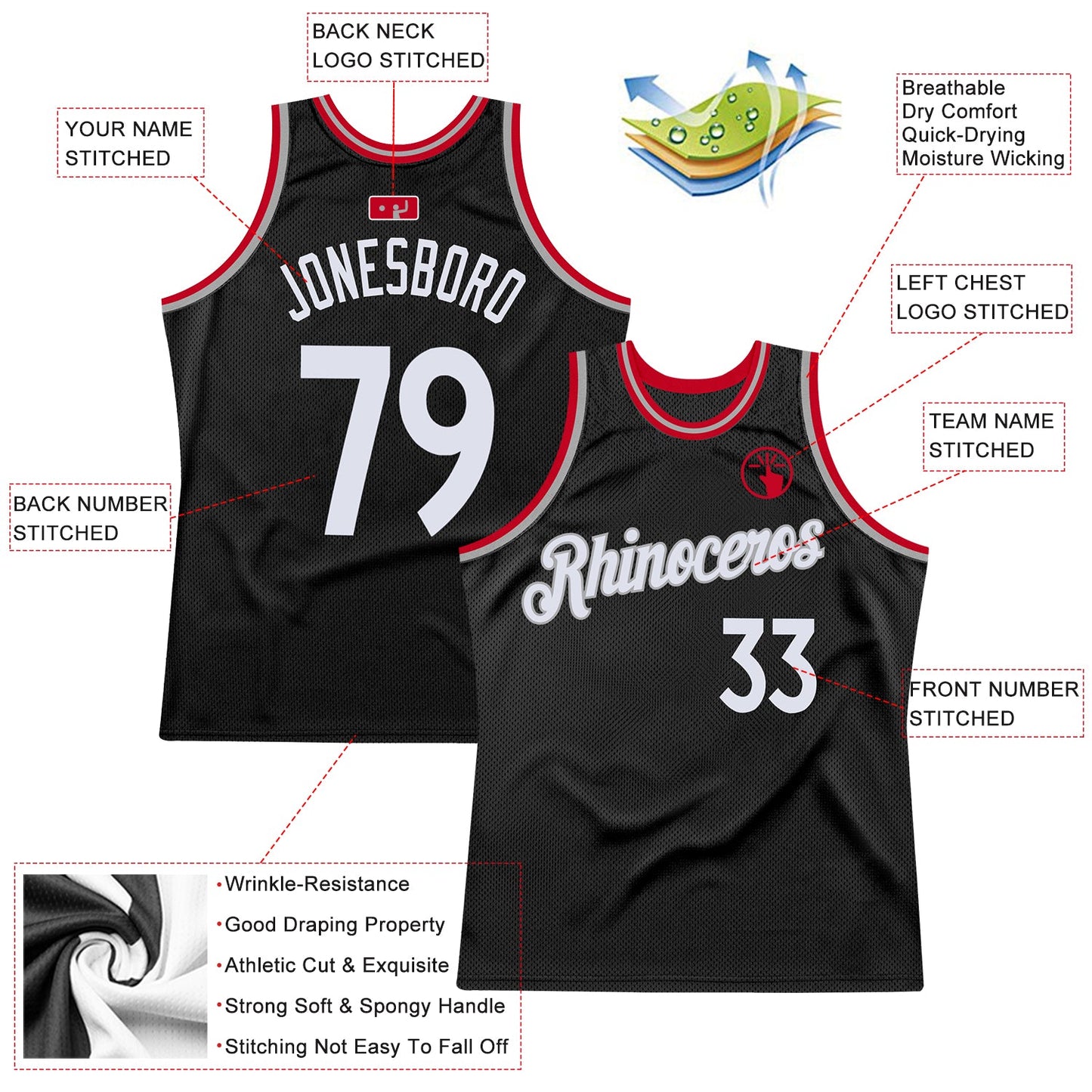 Custom Black White-Red Authentic Throwback Basketball Jersey view 2