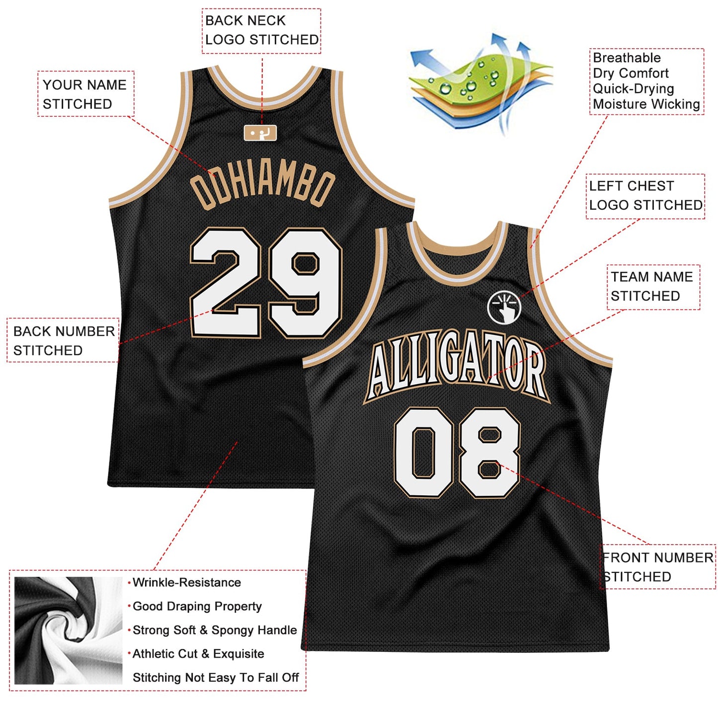 Custom Black White-Old Gold Authentic Throwback Basketball Jersey view 3