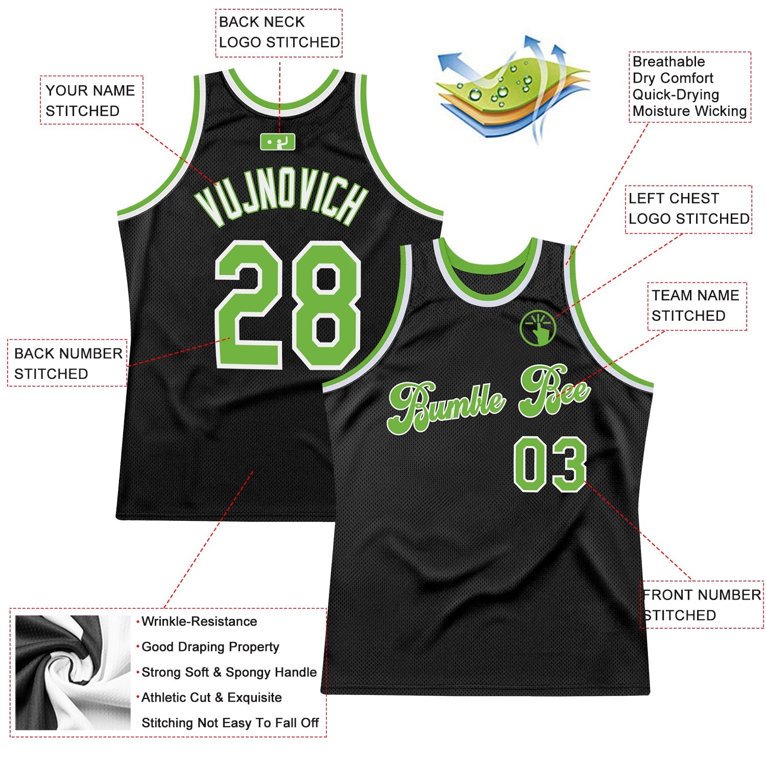 Custom Black Neon Green-White Authentic Throwback Basketball Jersey view 2