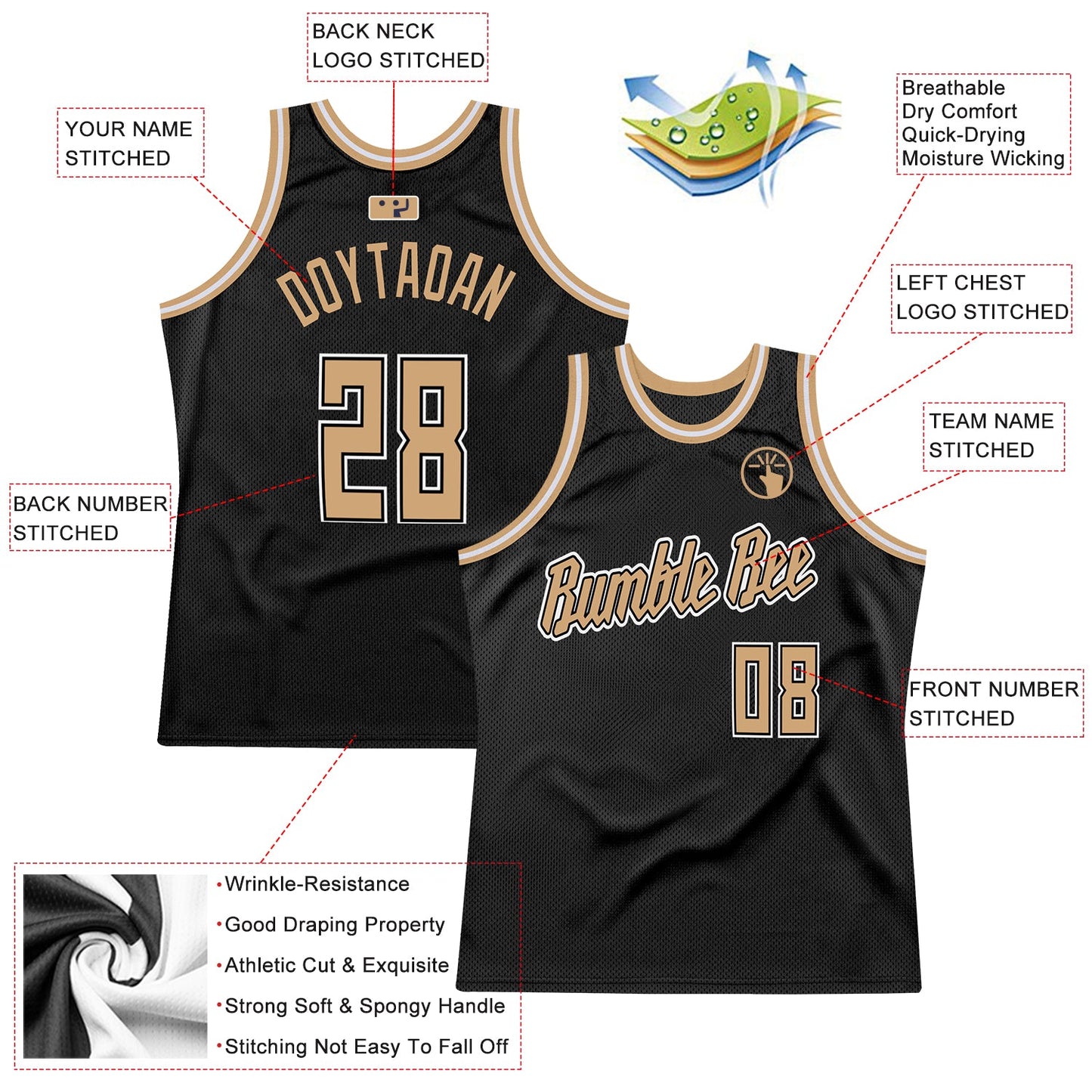 Custom Black Old Gold-White Authentic Throwback Basketball Jersey view 2