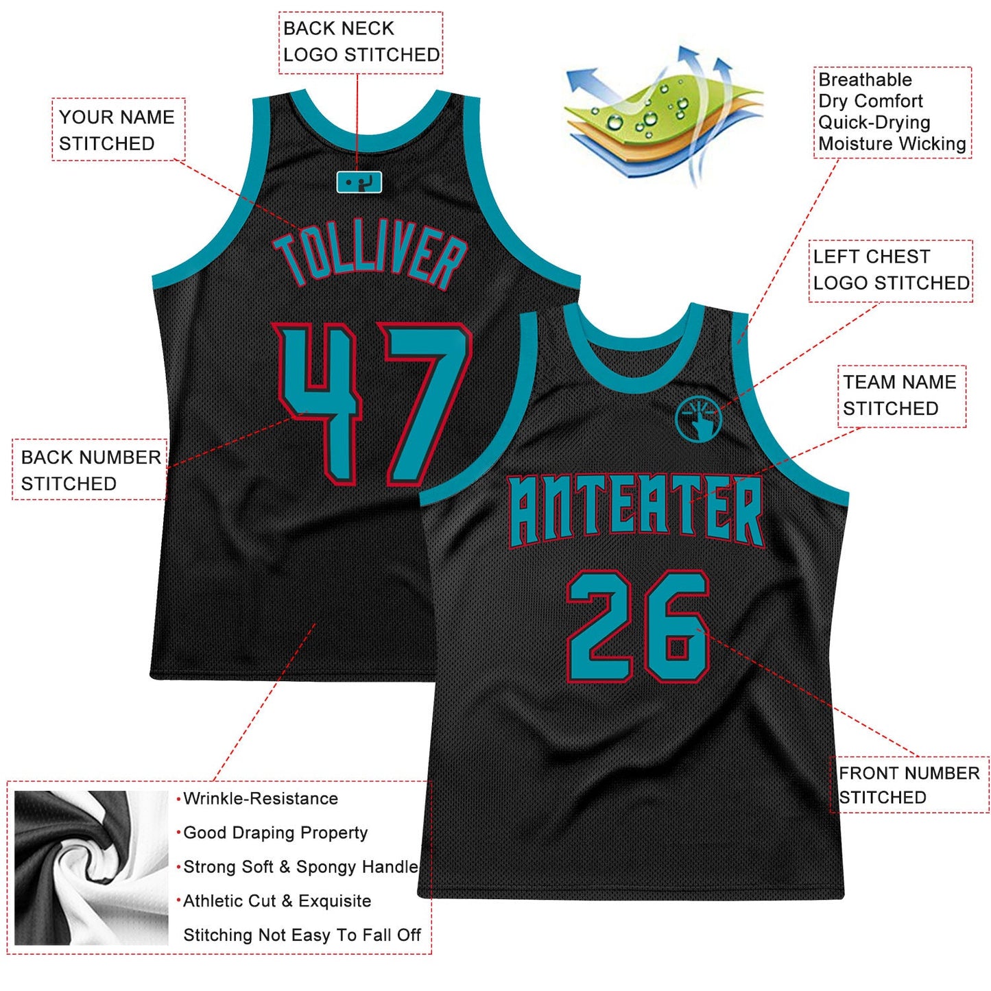 Custom Black Teal-Red Authentic Throwback Basketball Jersey view 2