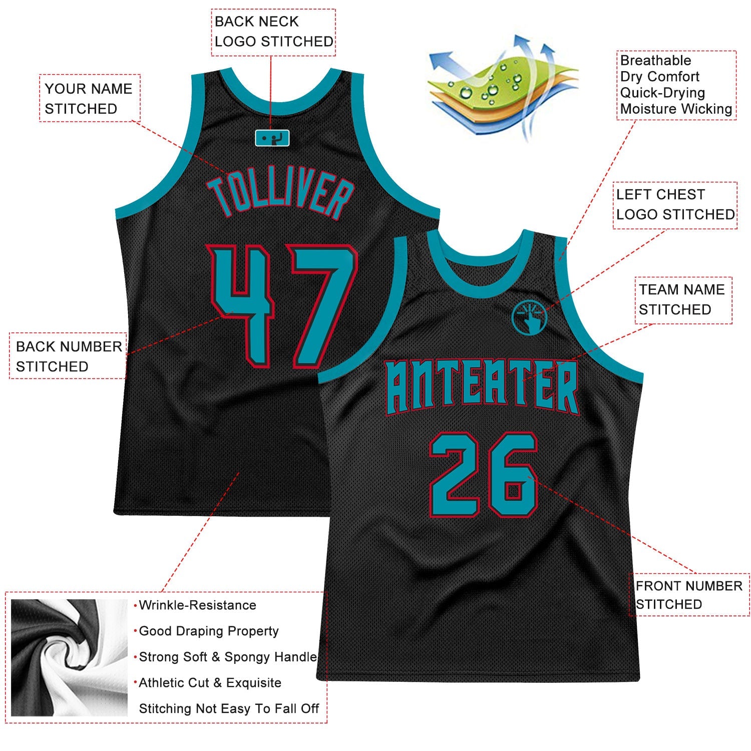 Custom Black Teal-Red Authentic Throwback Basketball Jersey view 2