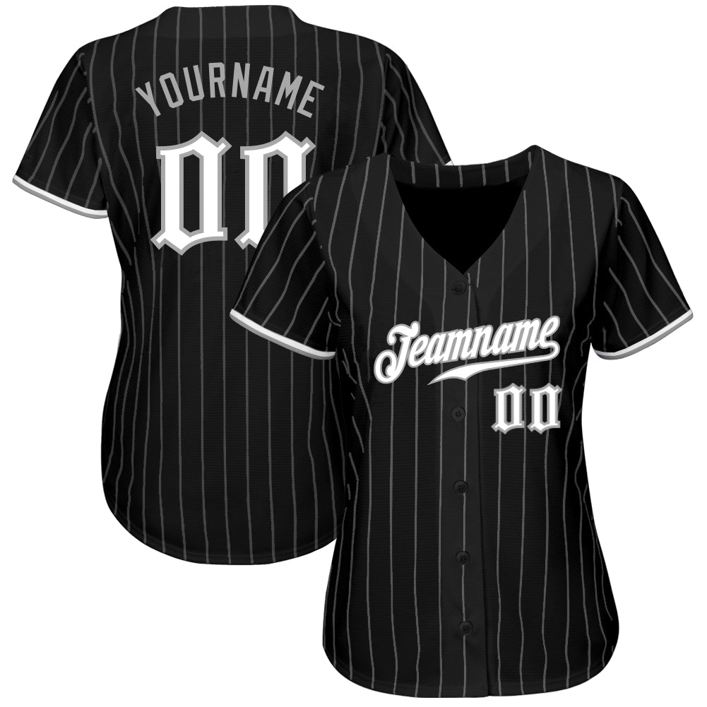 Custom Black Gray Pinstripe White-Gray Authentic Baseball Jersey view 2