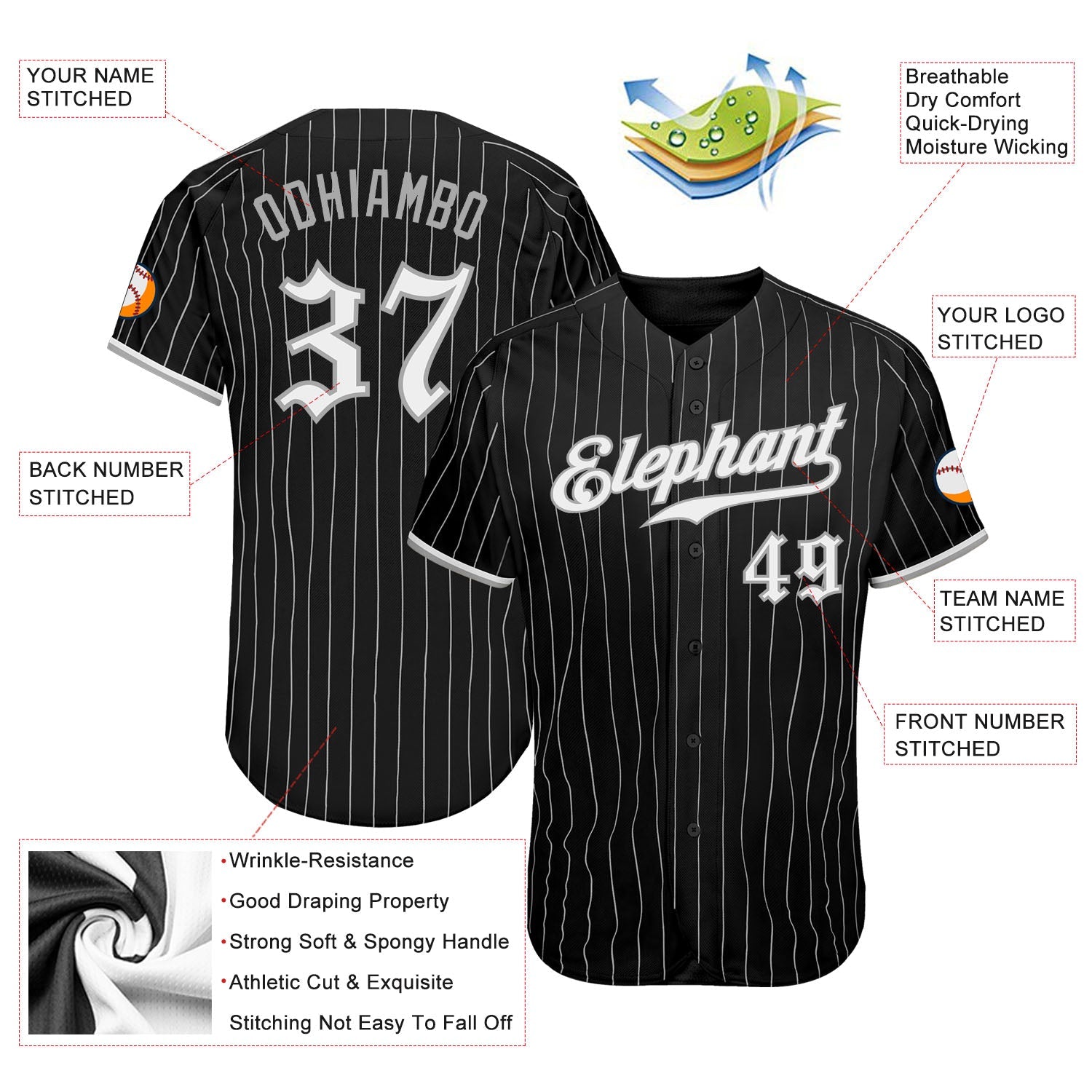 Custom Black Gray Pinstripe White-Gray Authentic Baseball Jersey view 3