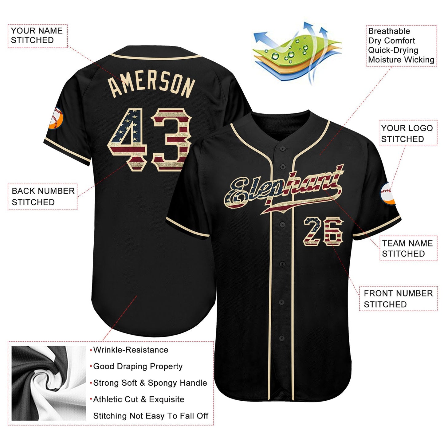 Custom Black Vintage USA Flag-Cream Authentic Baseball Jersey view 4