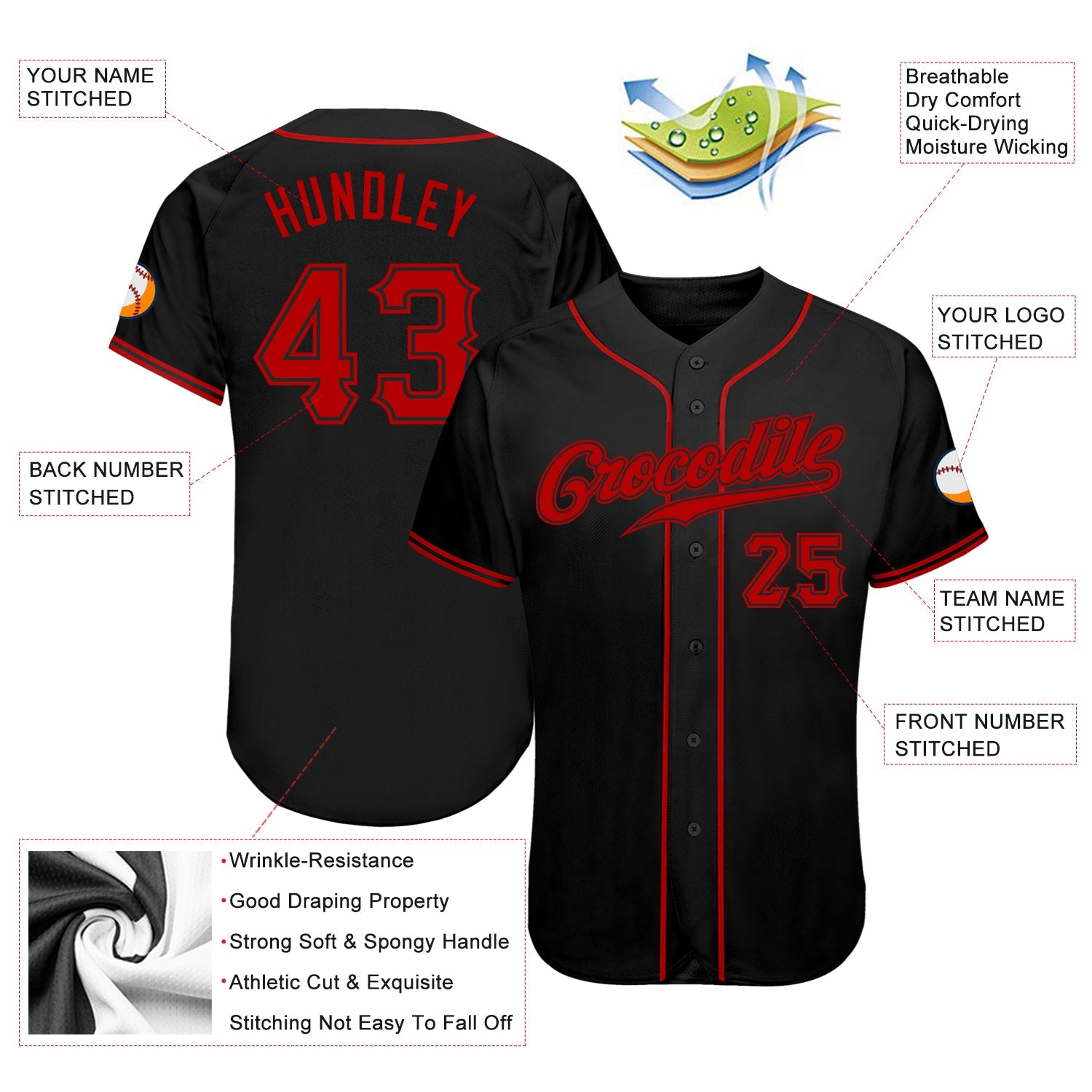 Custom Black Red Authentic Baseball Jersey view 4