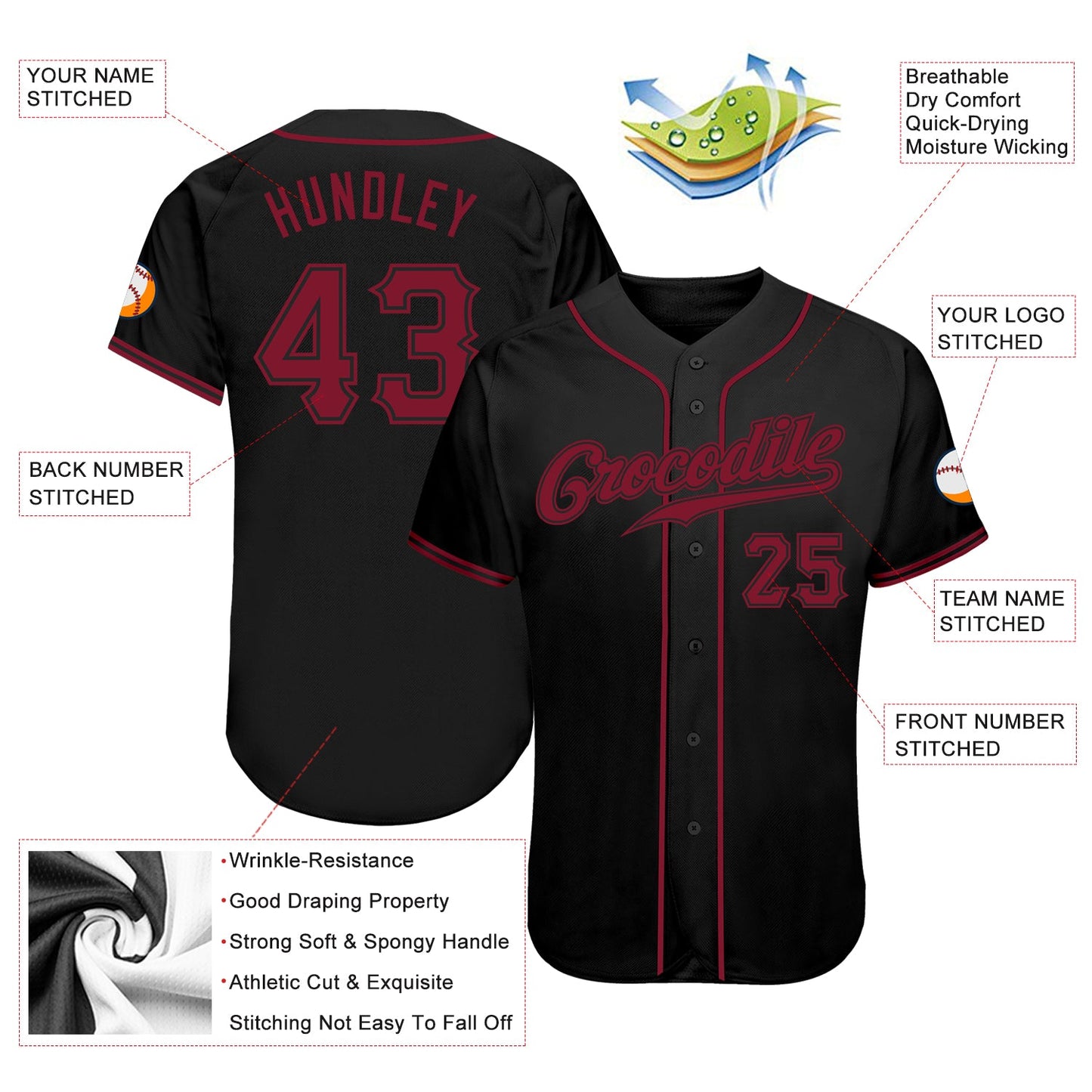 Custom Black Crimson Authentic Baseball Jersey view 3