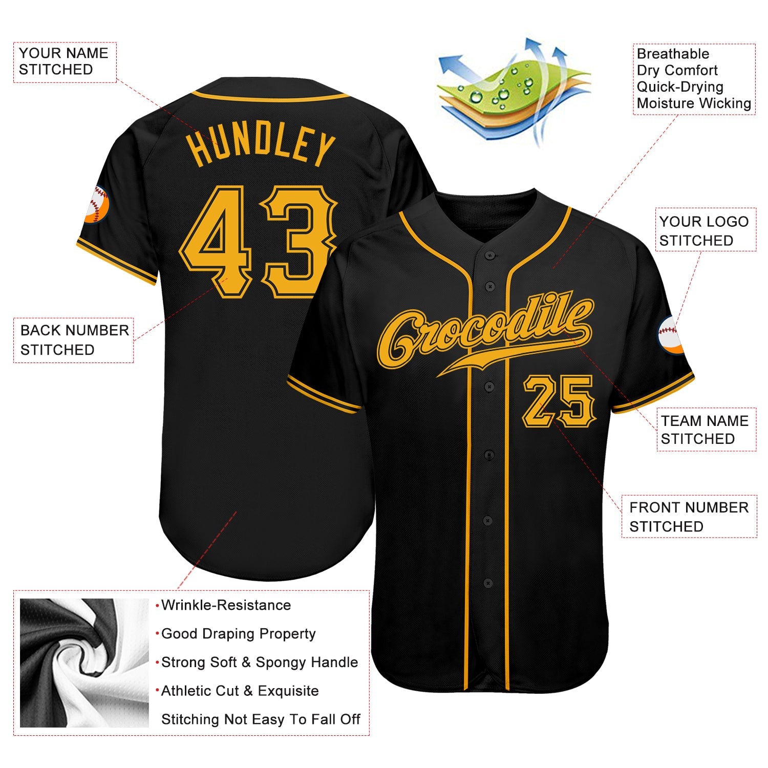 Custom Black Gold Authentic Baseball Jersey view 4