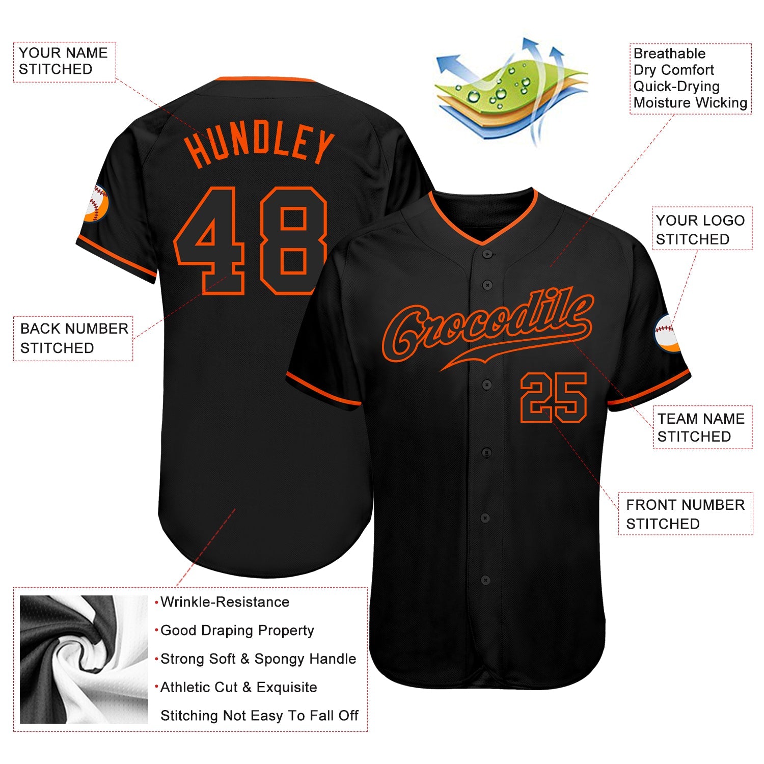 Custom Black Black-Orange Authentic Baseball Jersey view 3