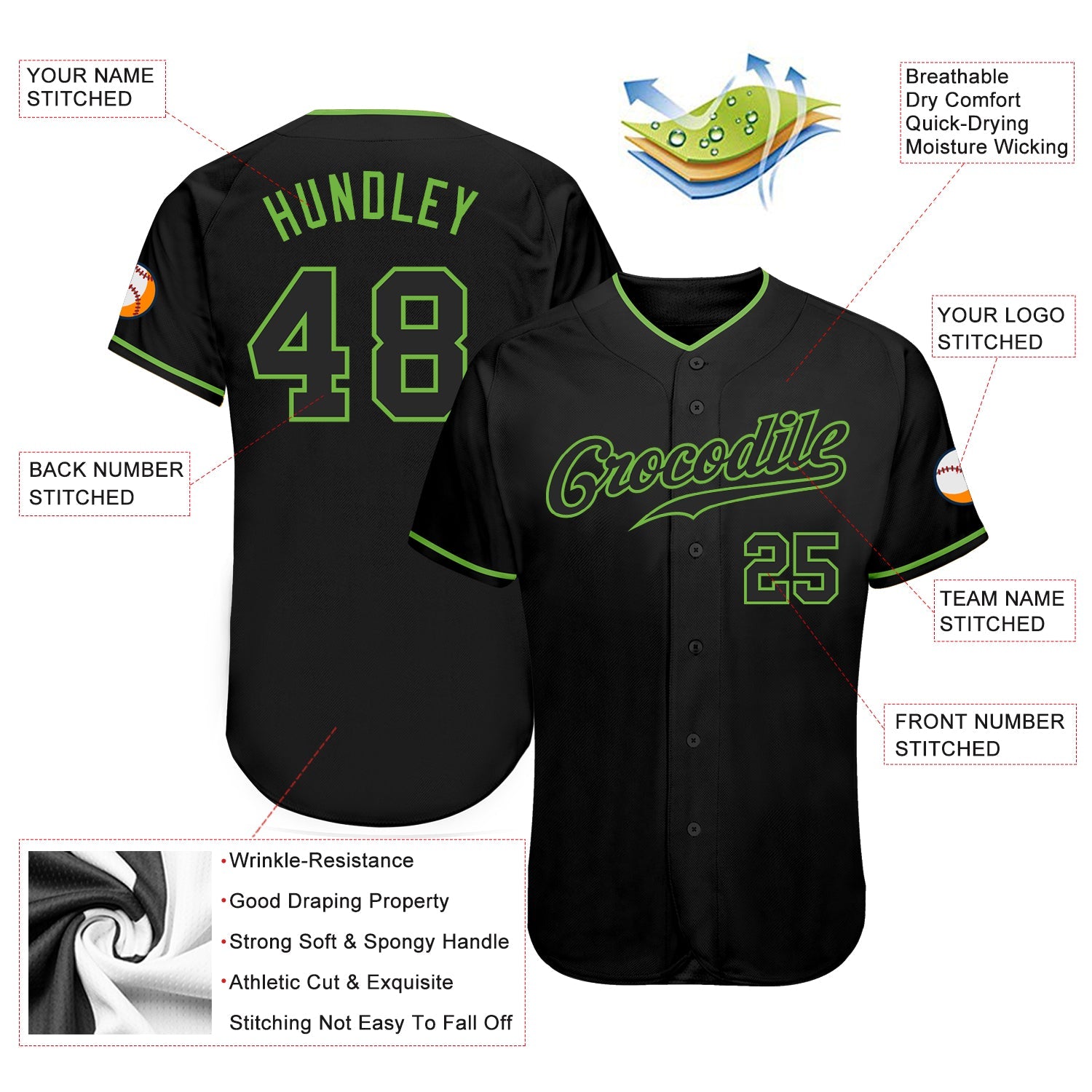 Custom Black Black-Neon Green Authentic Baseball Jersey view 3