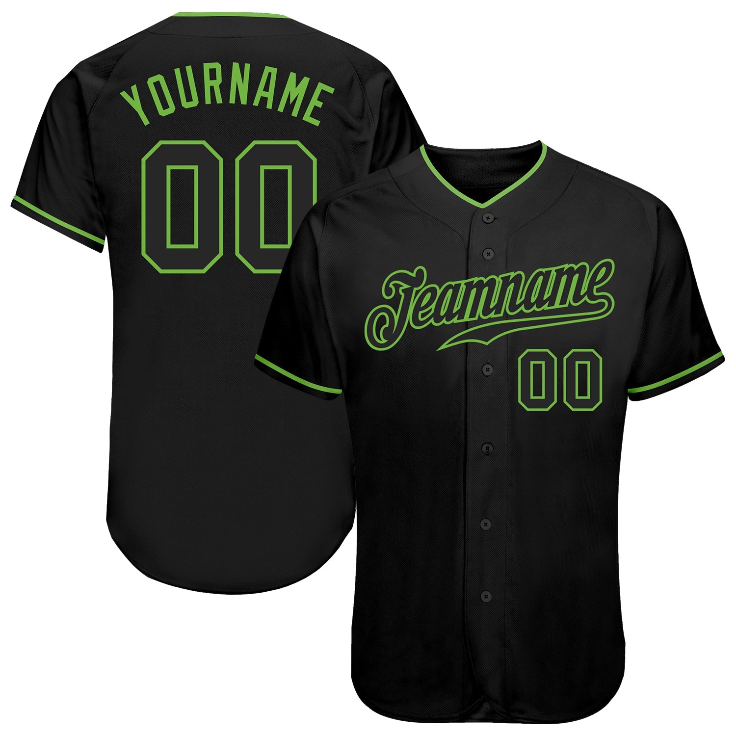 Custom Black Black-Neon Green Authentic Baseball Jersey - Main View