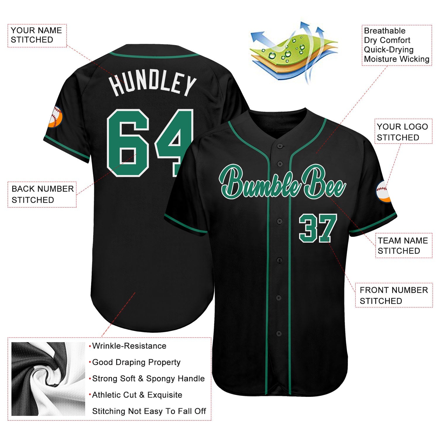 Custom Black Kelly Green-White Authentic Baseball Jersey view 3
