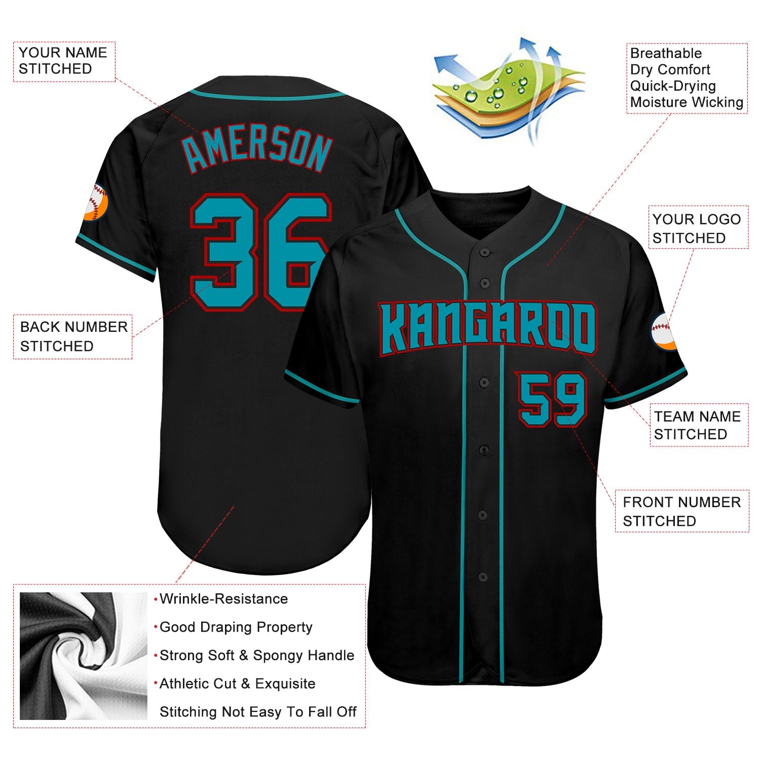 Custom Black Teal-Red Authentic Baseball Jersey view 3
