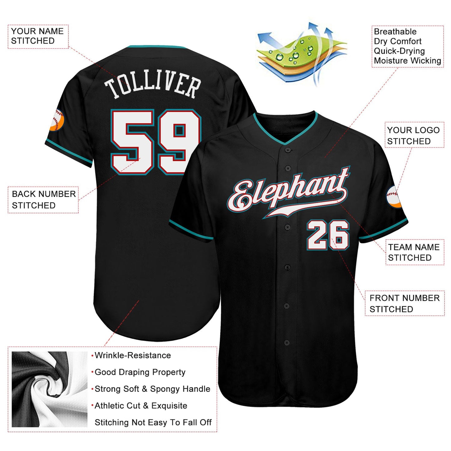 Custom Black White-Teal Authentic Baseball Jersey view 3