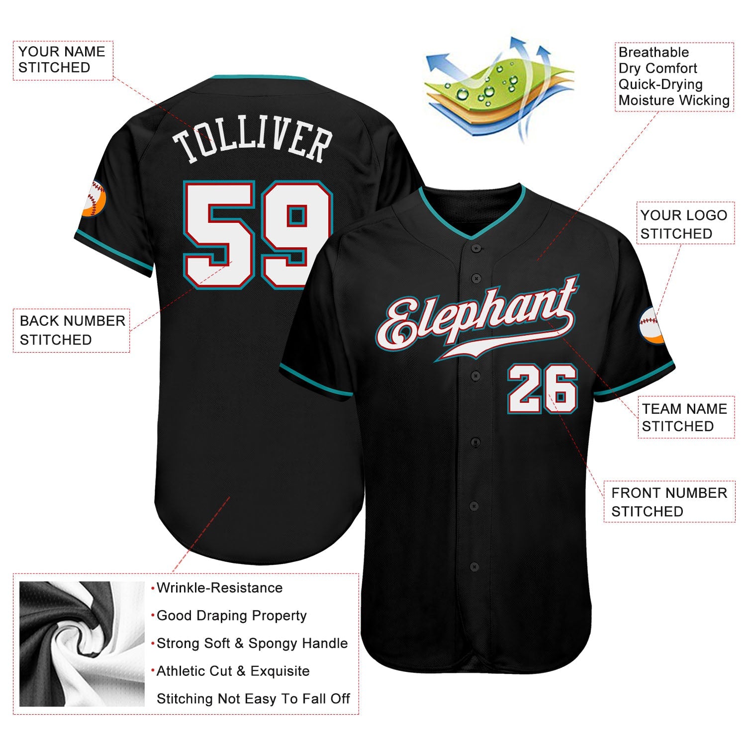 Custom Black White-Teal Authentic Baseball Jersey view 3
