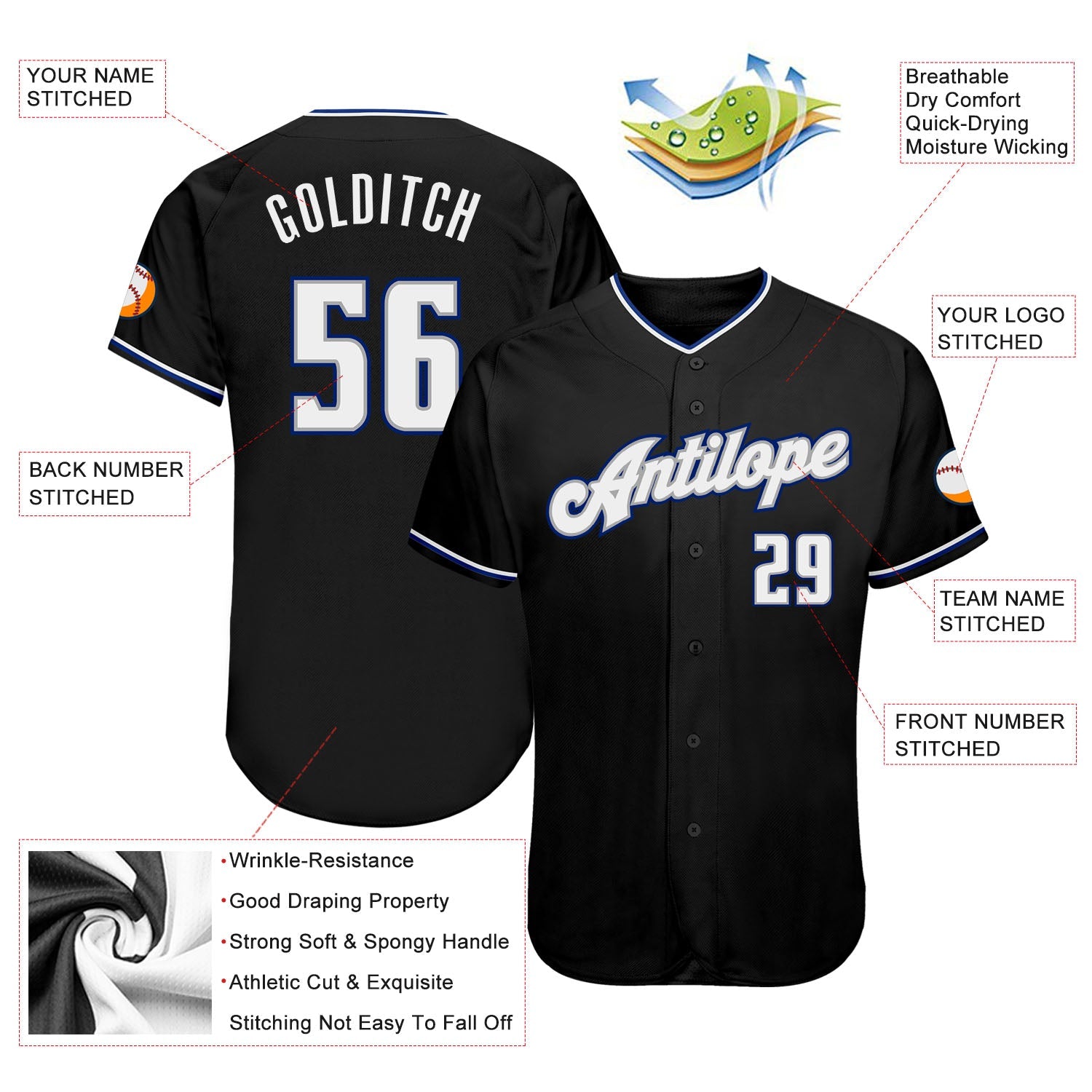Custom Black White-Royal Authentic Baseball Jersey view 3